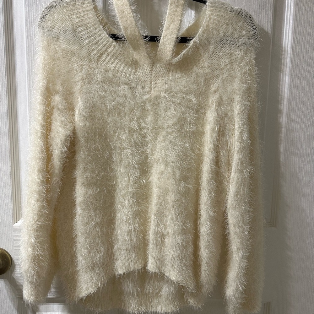 Express Cream Fuzzy V-Neck Sweater